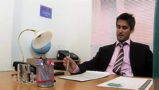 Blonde MILF sucks young stud's dick in his office