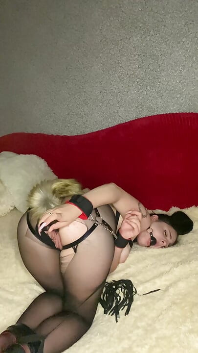 18yo Brunette Bound: Ripped Pantyhose, Leather Belts, Handcuffs, Gag & Tail Plug - Vibrates Doggy Till She Cums Hard