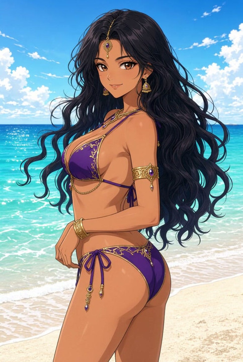 Lilavati Anime Beach Bikini Looking Back Over Shoulder with Flowing Hair