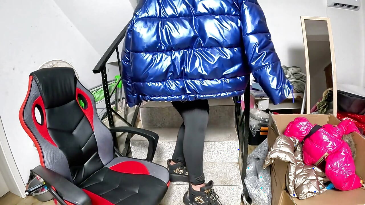 Dominant MILF Fur Hooded Downjacket Masturbation. Spandex Cameltoe, Smoking and Orgasm