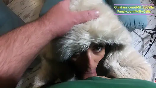 Пушистый минет на стуле - глубокая глотка и сперма на моей шубе