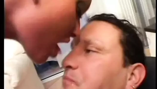 Threesome with long haired blond taking DP from two studs