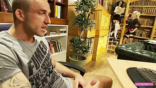 Threesome fuck in the library with blonde and brunette big boobed MILF's