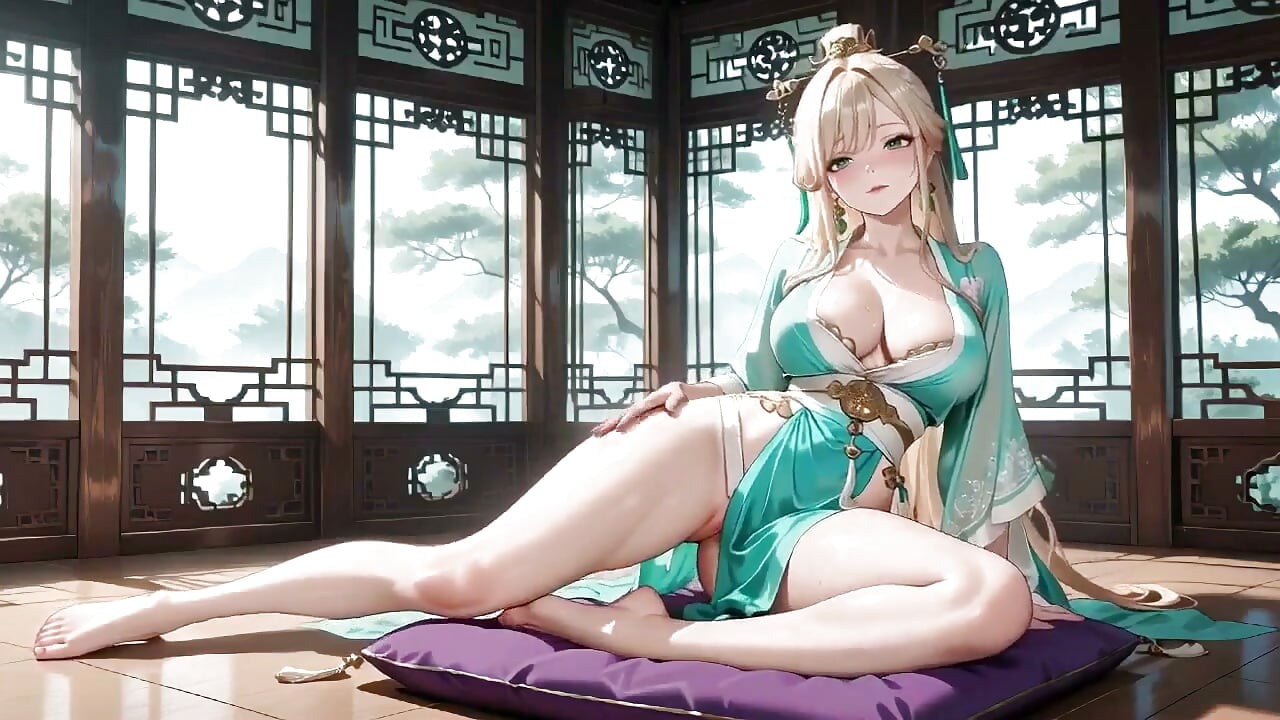 The Lazy Secret Under the Teal Robe, Sunlit Bathroom She Lies Sideways Gazing at You, Fingertips Touching Tender Breasts.