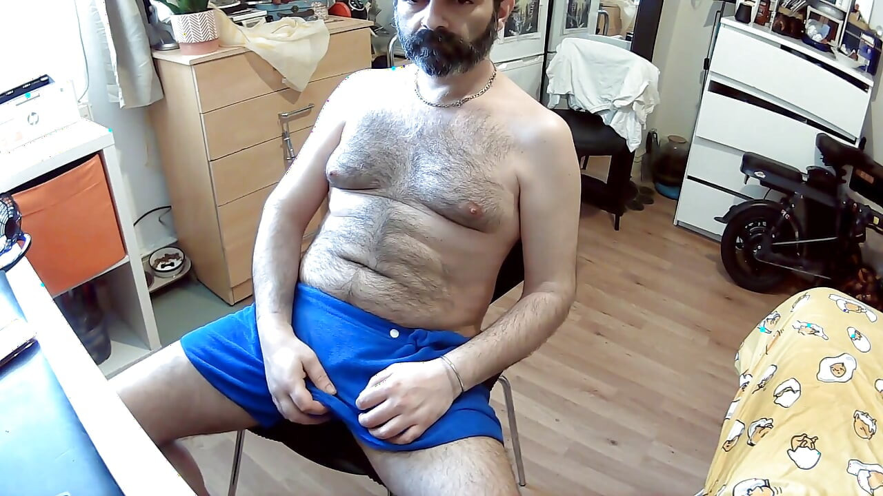 Hairy Stepdaddy with Blue Towel Touches Himself Till He Cums