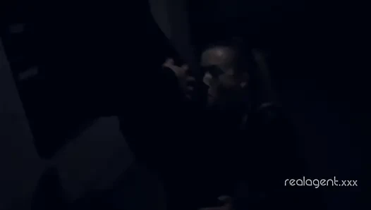 Slut blows long cock at night and gets her face covered with cum