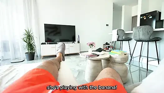 step mom gets caught eating a banana with her pussy!