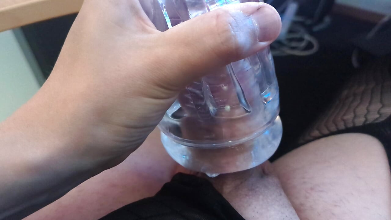 Hard throbbing girl cock playing with clear pussy toy and cumming inside