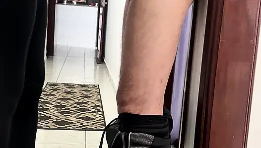Coworkers hook up and have sex in the company hallway.