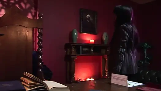 Guy with gloves pounds geeky brunette in stockings on his desk