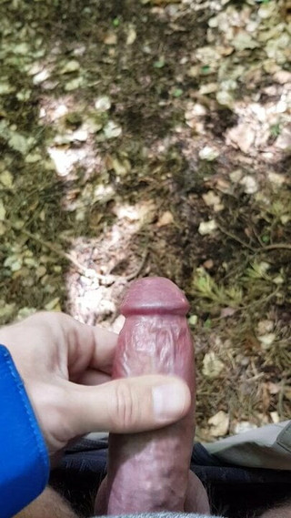 POV risky jerking in public forest with massive cumshot