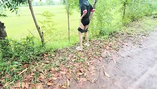 Thai Girl Walking Showing Along the Side of the Field Road in the Countryside Thai Outdoor Public
