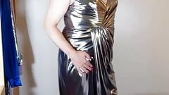 Hot TV crossdresser Nottstvslut classy silver shiny evening dress