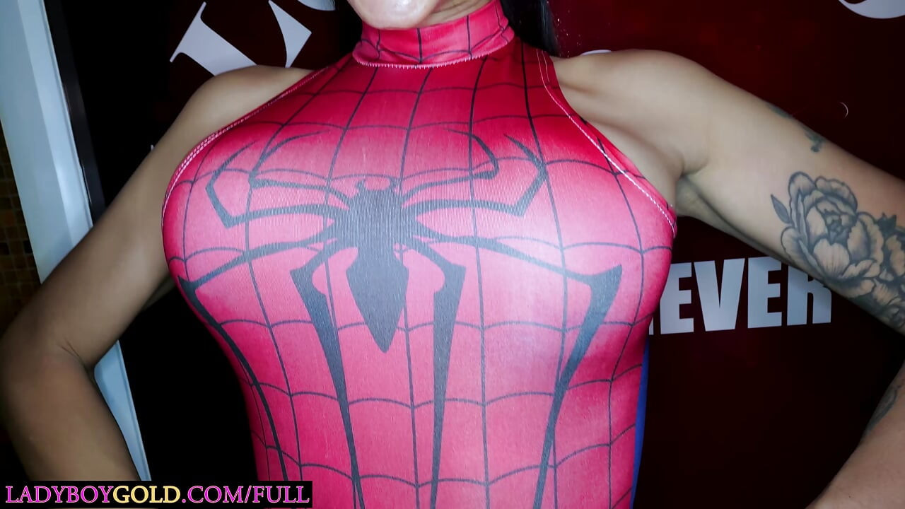 Spiderman theme Asian ladyboy femboy cock sucked and anal fuck