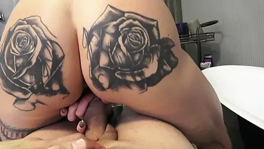 Tattooed Brunette Babe Sucks and Fucks Big Cock