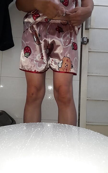 Masturbating Wearing Girl Satin Pajamas with Short Pants