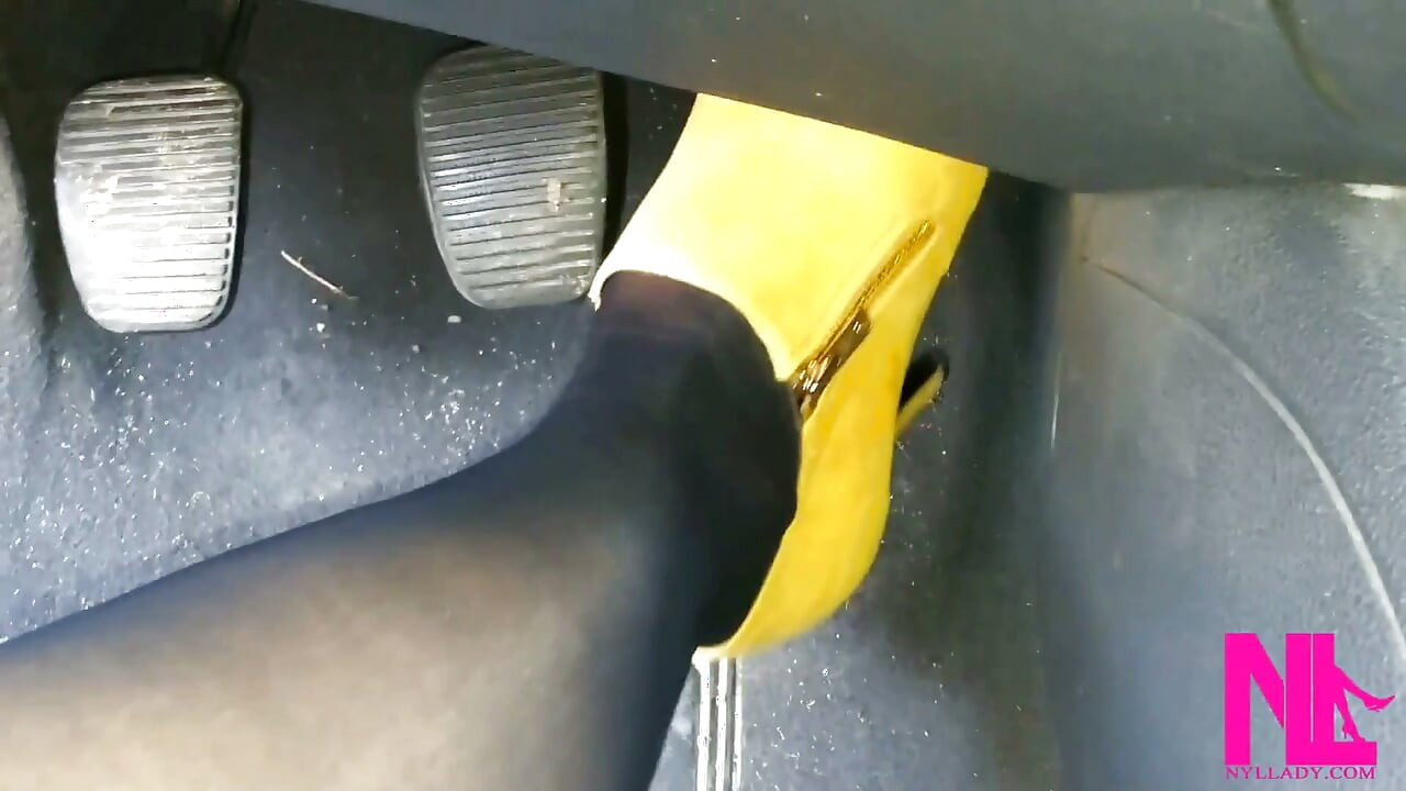 Revving in Yellow Boots and Black Pantyhose