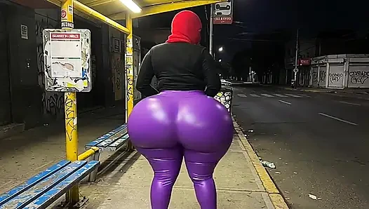 Big Ass Stepmom in Tight Purple Leather Leggings on the Street