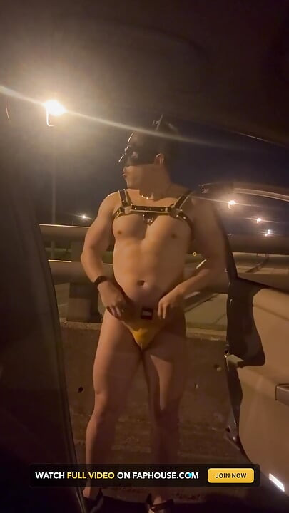 Almost Caught: Leather Muscle God’s Risky Bridge Flex & Stroke