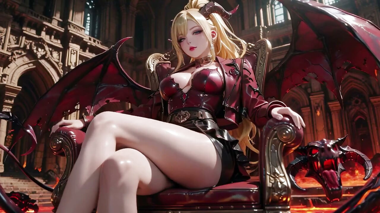 Lava Throne! Blonde Demon Queen Kneels & Spreads Her Wings, Lazy Tease with a Glass.