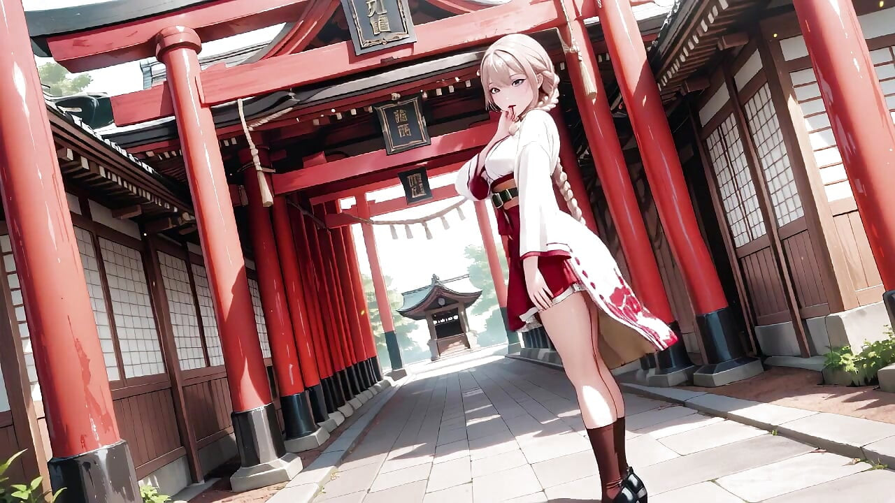 Red & White Miko! Forbidden Encounter at the Shrine, Golden Hair Trembling Under Sacred Robes, From Solemn Kneel to Blurry Gaze