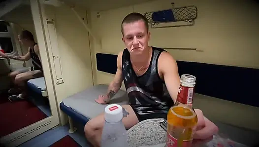 Two Guys Fuck a Fellow Traveler in a Train Room and Cum Hard in Her Pussy.