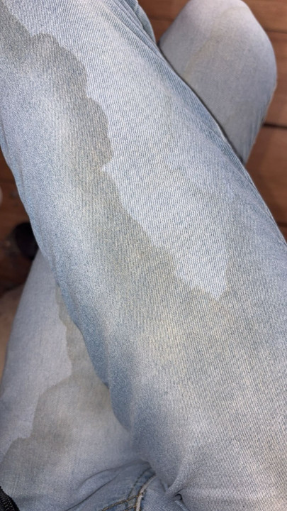 Chasity caged and peeing already pee stained jeans while gaming