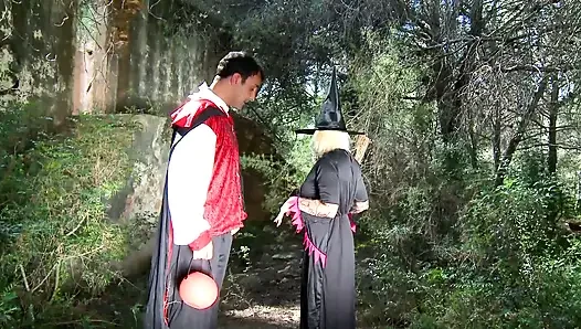 Hot blonde with big tits roughly fucked by two bad guys in the woods dressed up for Halloween