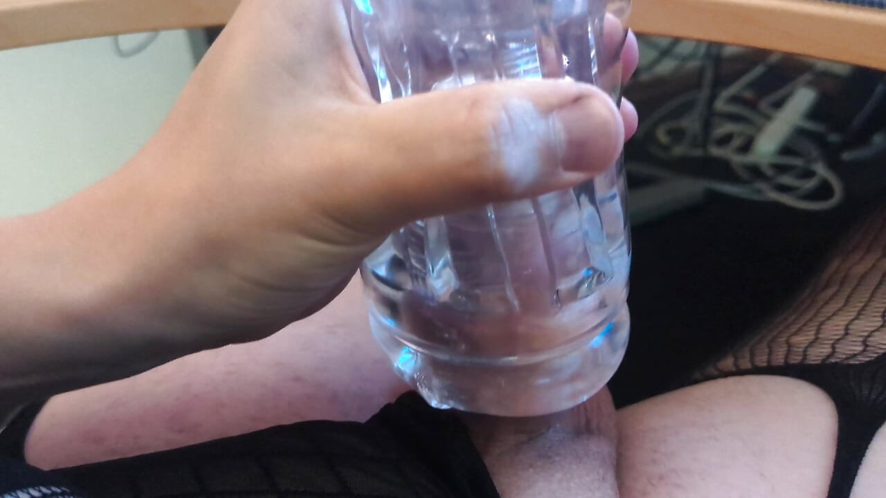 Hard throbbing girl cock playing with clear pussy toy and cumming inside