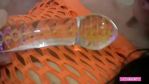 Brunette with sex toy is pleasing her pussy, all in fishnets