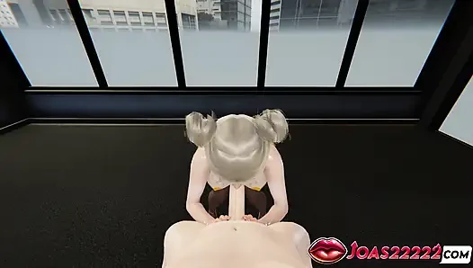 Hentai 3D: geiles büro risa zwei hände handjob, schlampiger blowjob und gloryhole, kehlenfick und cumshot
