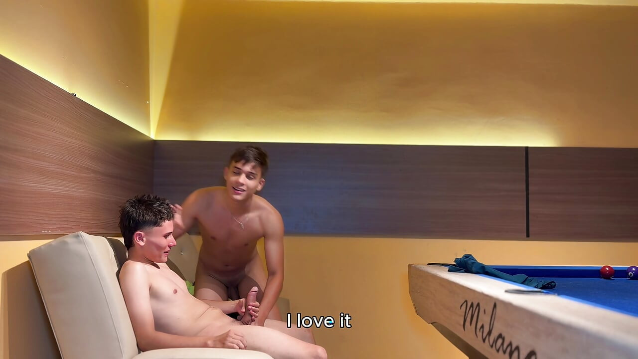 My twink COLLEGE BUDDY asks me to teach him how to play pool and his payment is a hard fuck ending with creampie inside his ass