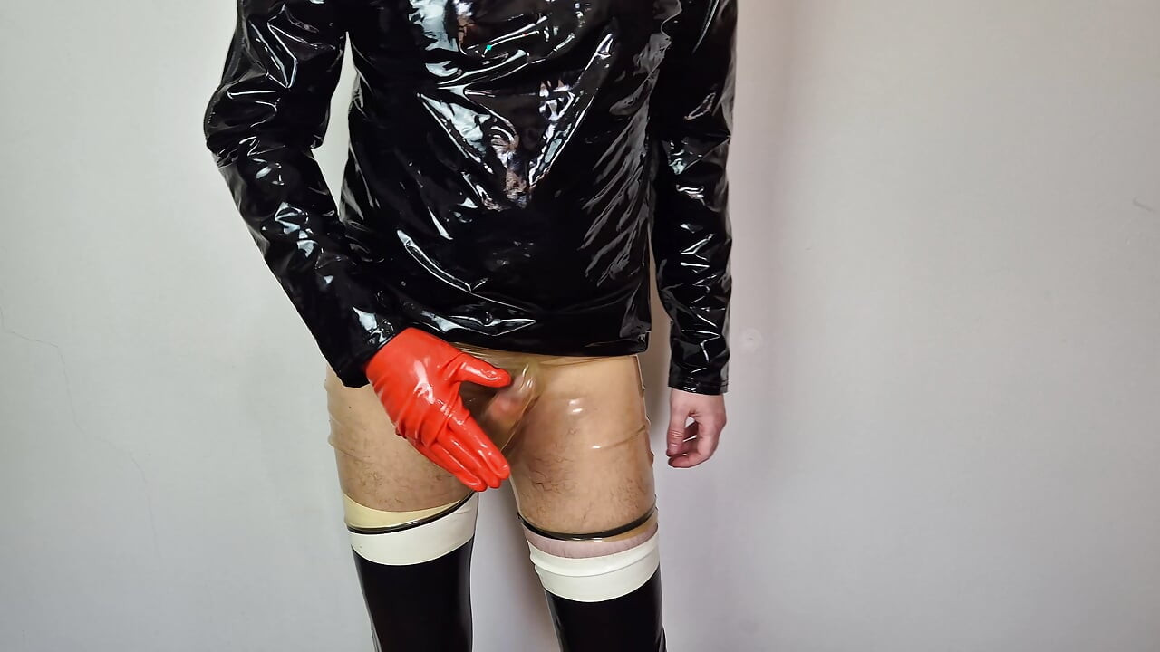 Transparent Latex Condom Shorts Marturbation - Sissy in Latex Gloves and Leotard - Vinyl PVC Shirt