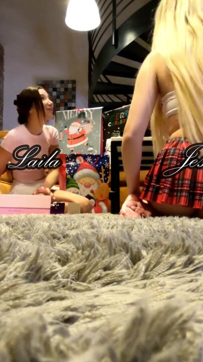 Amazing new year party with two petite hot college girls in different costumes to play with a cock and balls | Clip 1