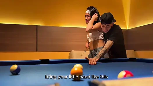 My COLLEGE FRIEND asks me to teach her how to play pool and her pay is a fuck ending with my cum on her cute body!