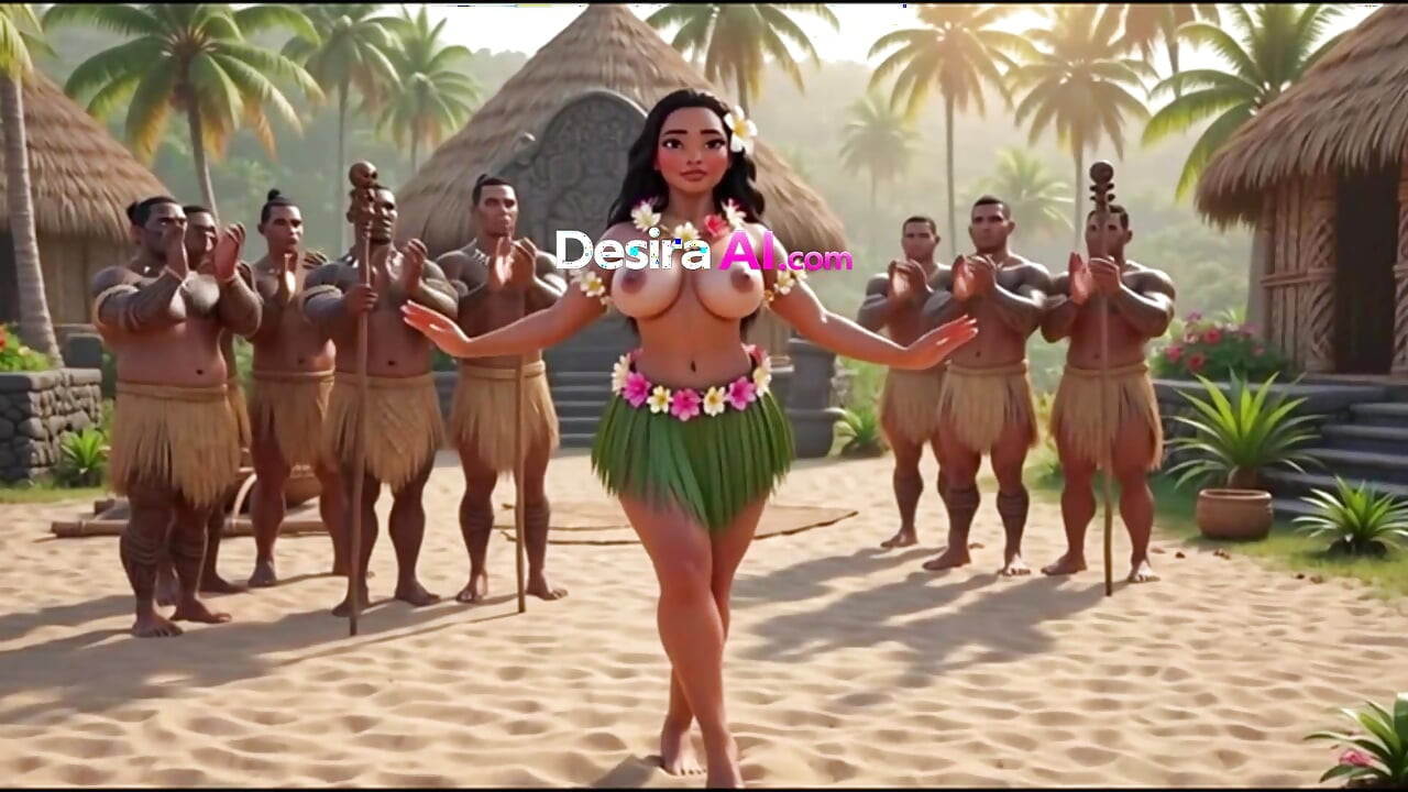 Exotische hula-schönheit auf allen vieren, stammesmänner beobachten ihre kurven (AI Generated)