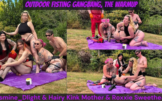 Jasmine Dlight & Chlupatý zlý nevlastní matka & Roxxie Sweetheart - Venkovní fistingový gangbang - rozcvička