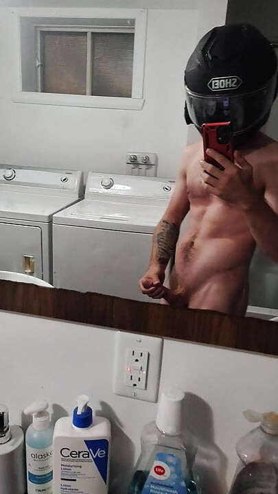 Skinny muscled cut gym bro biker masturbating
