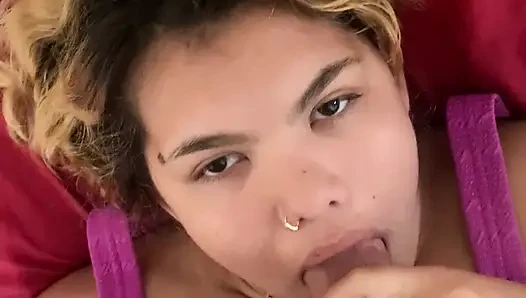 Dominating the slut while her husband works