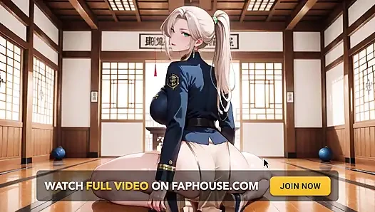 Blonde Samurai in Deep Blue Do-over! Kneeling in the Japanese Corridor, Showing off Her Tender Ass