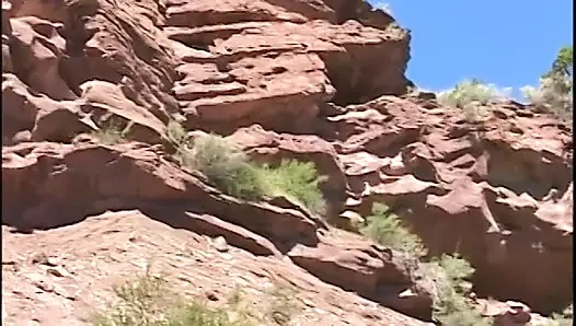 Astronaut stud lands on a planet where a blonde primitive babe sucks his cock outdoors