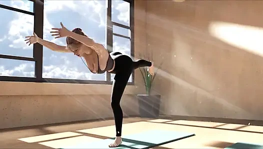 Mädchen mit dicken möpsen macht yoga und ihre nippel rutschen aus