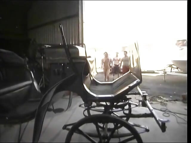Two studs and a brunette are fucking hard on an old carriage
