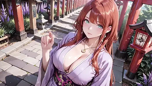 Kimono goddess rambut merah! Berlutut di bawah Gerbang Torii Suci, Dia menyesuaikan pakaiannya yang berpantat bulat dengan tatapan pemalu.