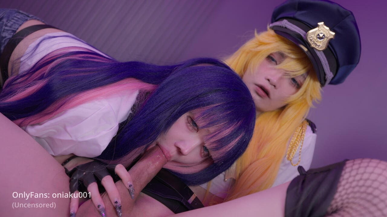 Panty&Stocking-Cosplay da rapariga fofa Aku e do femboy Aroma como Stocking & Panty, mamada e sexo