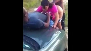 chubby Peaches blows lucky guy bend over car