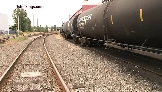 Train Tramp, in Layered Nylons - Nylon Slut Sneaks Into Railway Yard