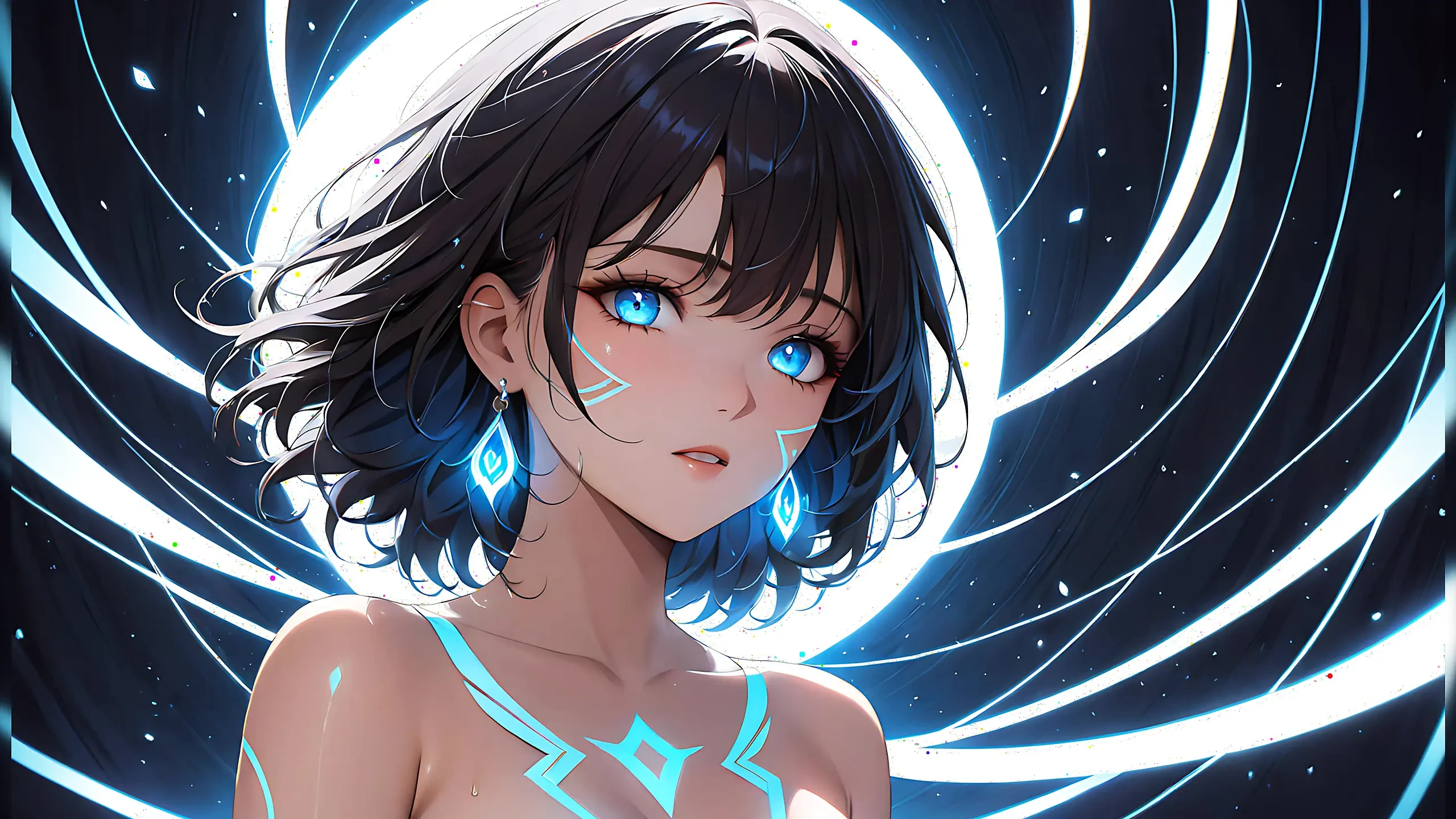 Transe de lumière, une belle jeune femme aux marques rougeoyantes mystiques