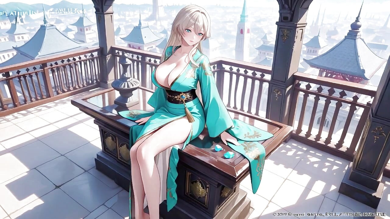 Blonde in a Green Kimono! Lazy Terrace Reading, off-shoulder Design Is Too Sinful!