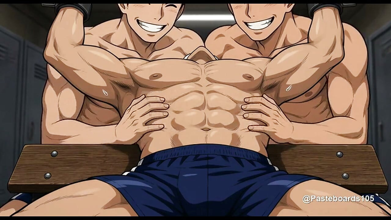 Les yeux bandés et bâillonné avec une chaussette sur le banc - Mains nues sur son torse (2D Anime)